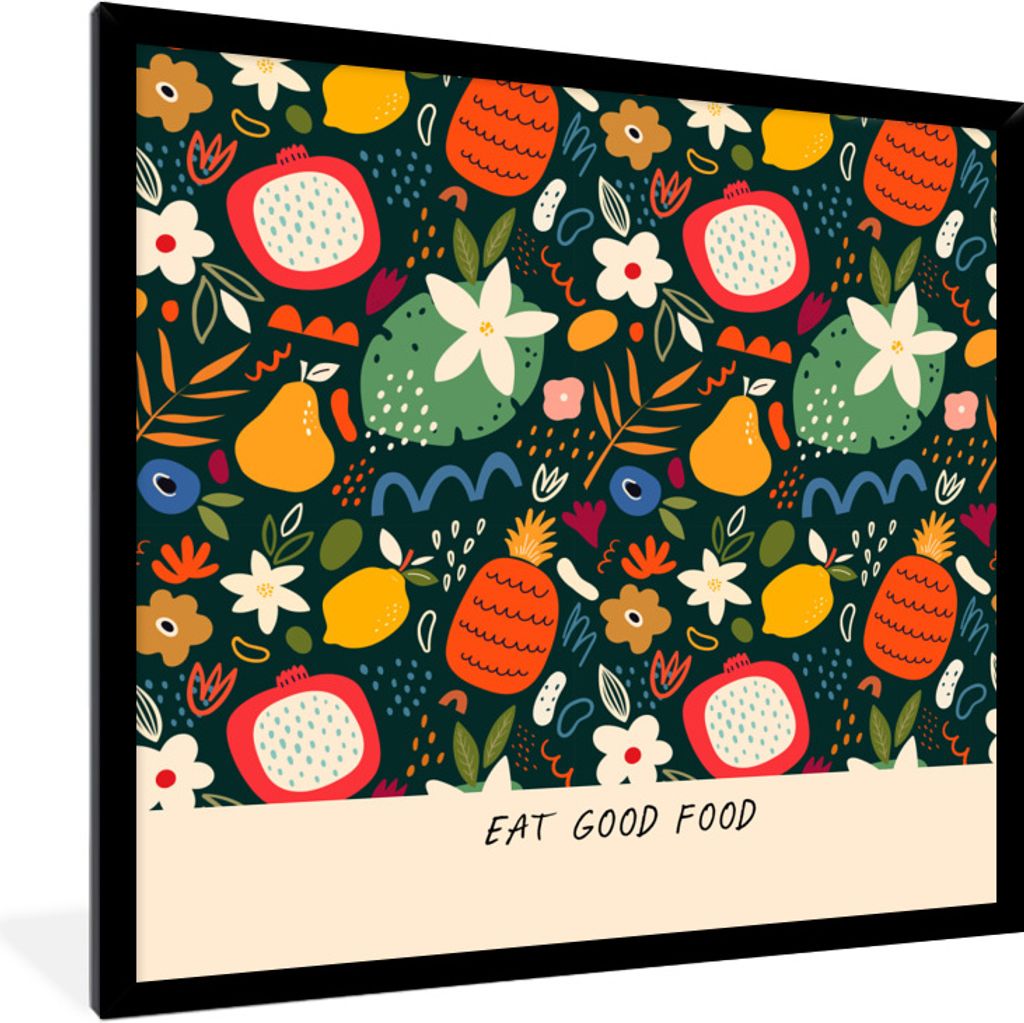 MuchoWow Gerahmtes Poster Sprichwörter - Gutes Essen essen - Zitate 40x40 cm - Poster mit Schwarzem Bilderrahmen Wandposter Rahmen Foto Bilder -...