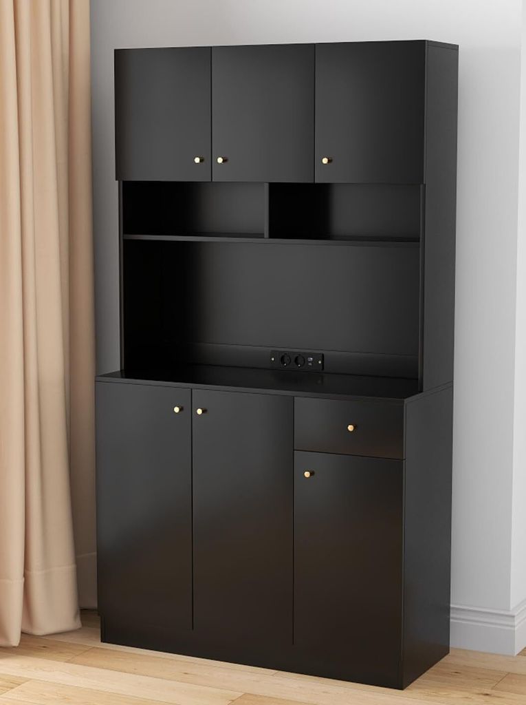 KOMFOTTEU Küchenschrank mit Abfalleimerhalter, Buffetschrank mit Arbeitsplatte aus Gummiholz, Vitrinenschrank Hochschrank mit 2 Schubladen & Schra...