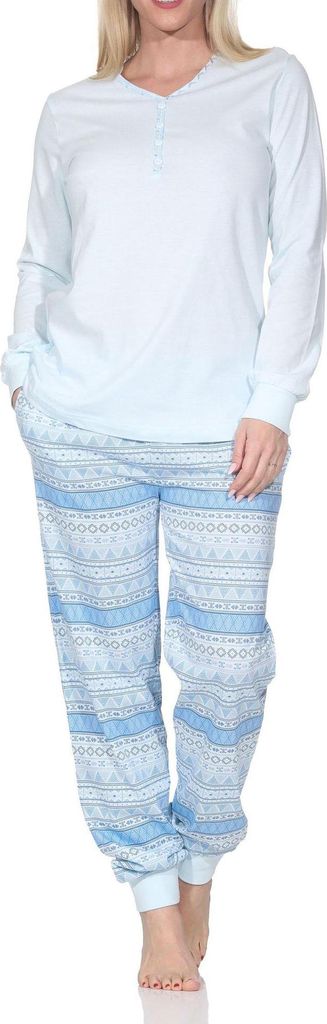Normann Damen Schlafanzug lang Pyjama mit Bündchen im Ethnolook - auch in Übergrößen ; hellblau , 60