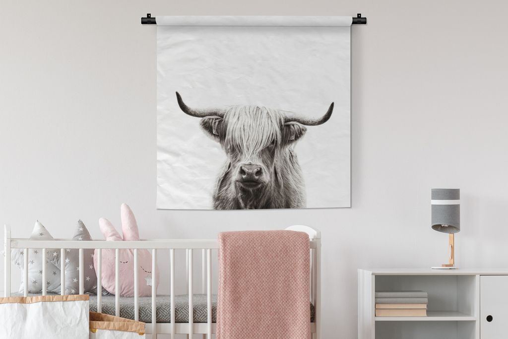 MuchoWow Wandteppich Wandbehang Porträt Schottischer Highlander - Schottische Kuh - Schwarz und weiß 90x90 cm Tapisserie Dekoration Wandtuch - ...