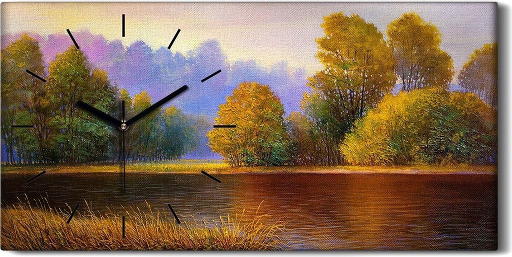 Wandkunst Leinwand Bild Uhr Geräuschlos 60x30 Gemälde Wald Bäume Fluss Natur - schwarze Hände