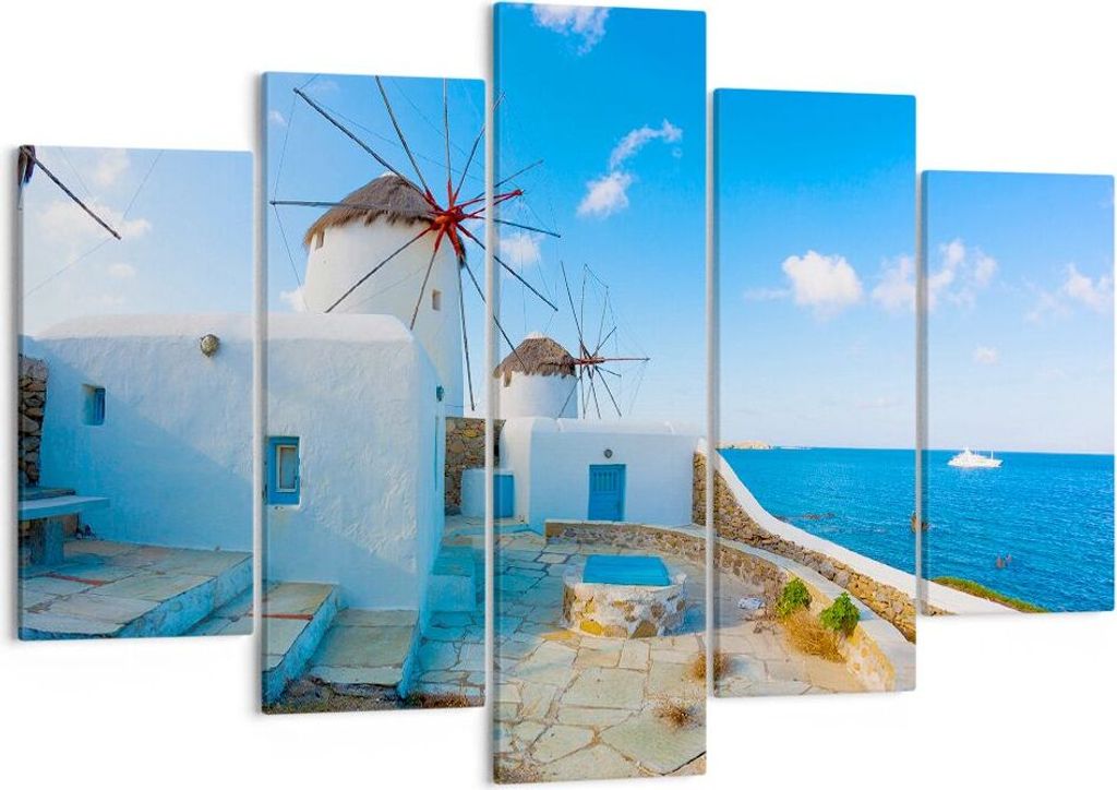 Bild auf Leinwand - Leinwandbild - Griechenland Insel Küste Haus - 150x100cm - Wand Bild - Wanddeko - Leinwanddruck - Bilder - Kunstdruck - Leinwa...