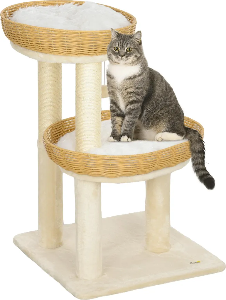 Arbre à chat anti-odeur avec coussins lavables et lits rotin - Beige 75cm