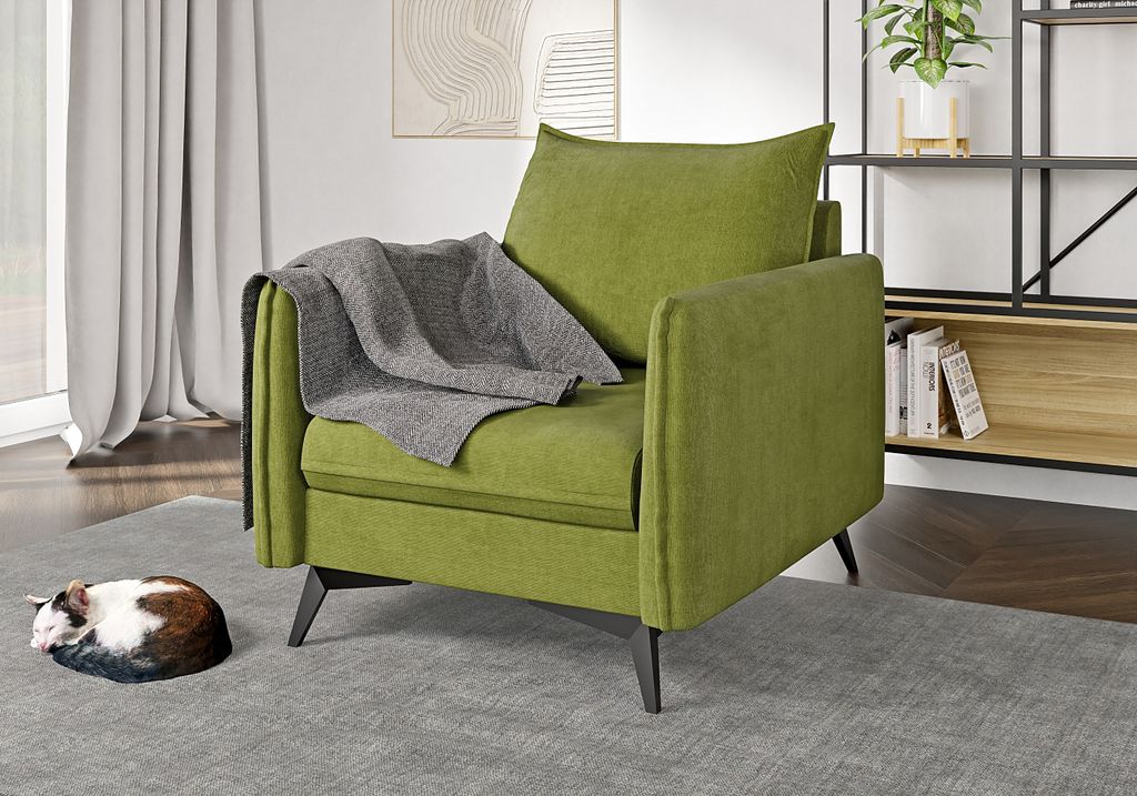 S-STYLE MÖBEL - Helix - Moderner Sessel mit Schwarz Metall Füßen aus Grün Luxusmikrofaser, B/T/H: 74 cm / 91 cm / 86 cm