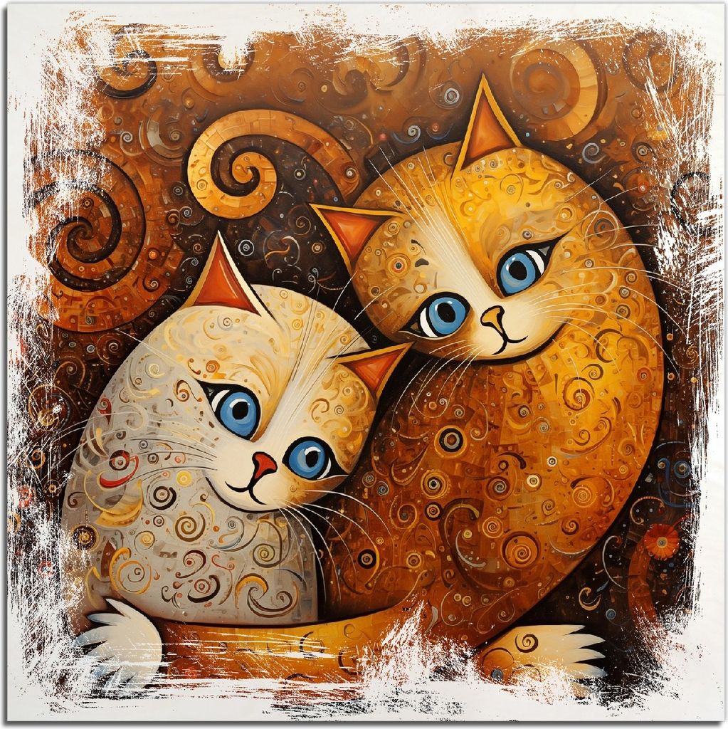 Kunstdrucke Wandbilder Holz in : Brillante Farben, Größe 50 x 50 cm Motiv Malerisches Katzenduo
