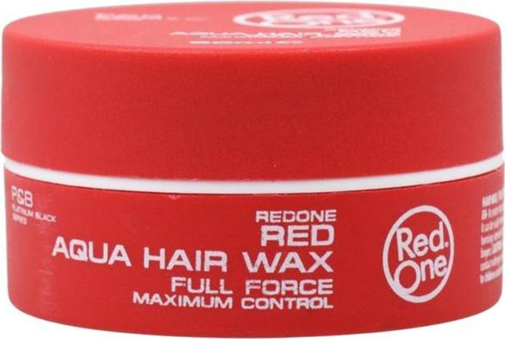 A red jar of Red One Aqua Hair Wax with white text and a white logo.