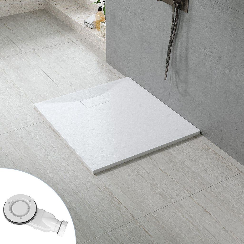 AQUALAVOS 100x90cm Rechteckige superflache SMC Duschtasse Antirutsch Weiß Steinoptik zuschneidbar bodenebene Montage Duschwanne mit Ablaufgarnitur