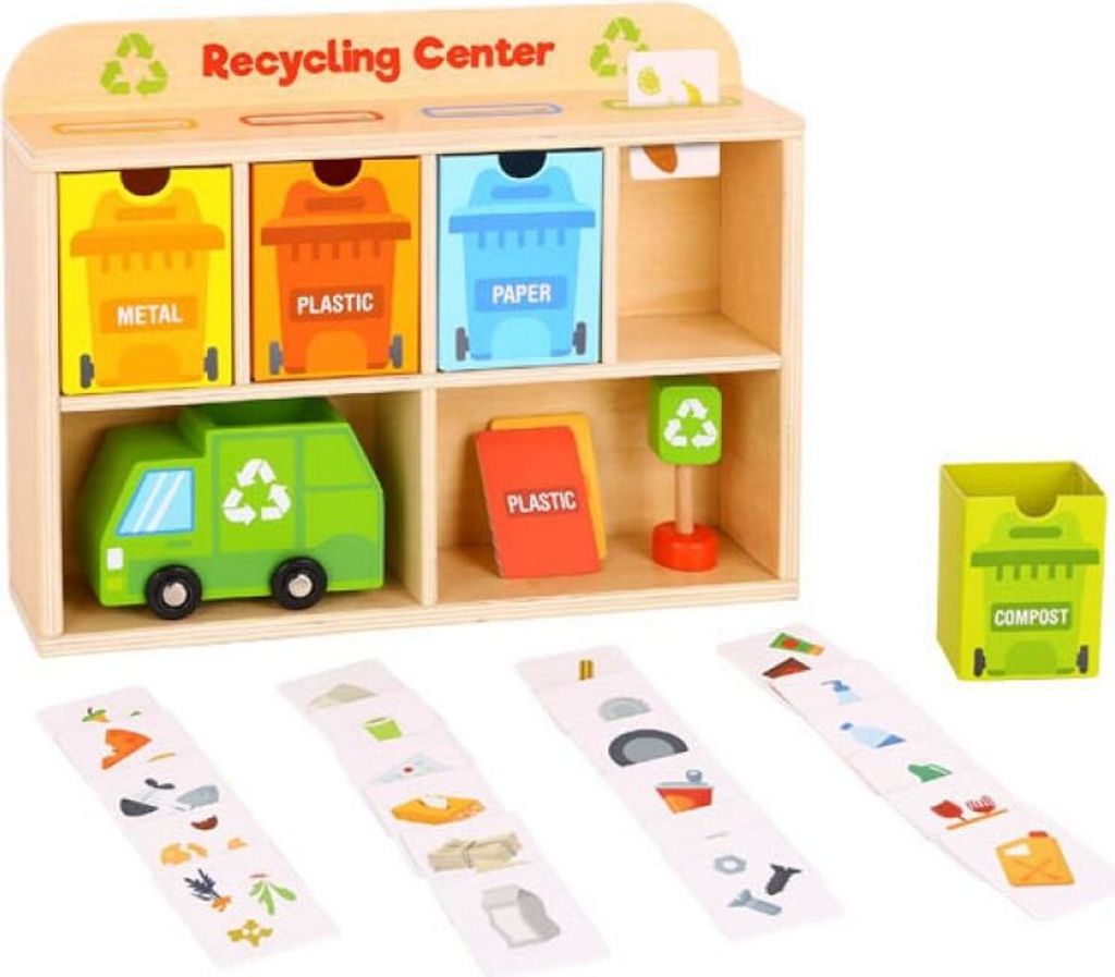 Tooky Toy Spielzeug Recycling Center TY635A aus Holz, Recyclinghof, Müllauto orange