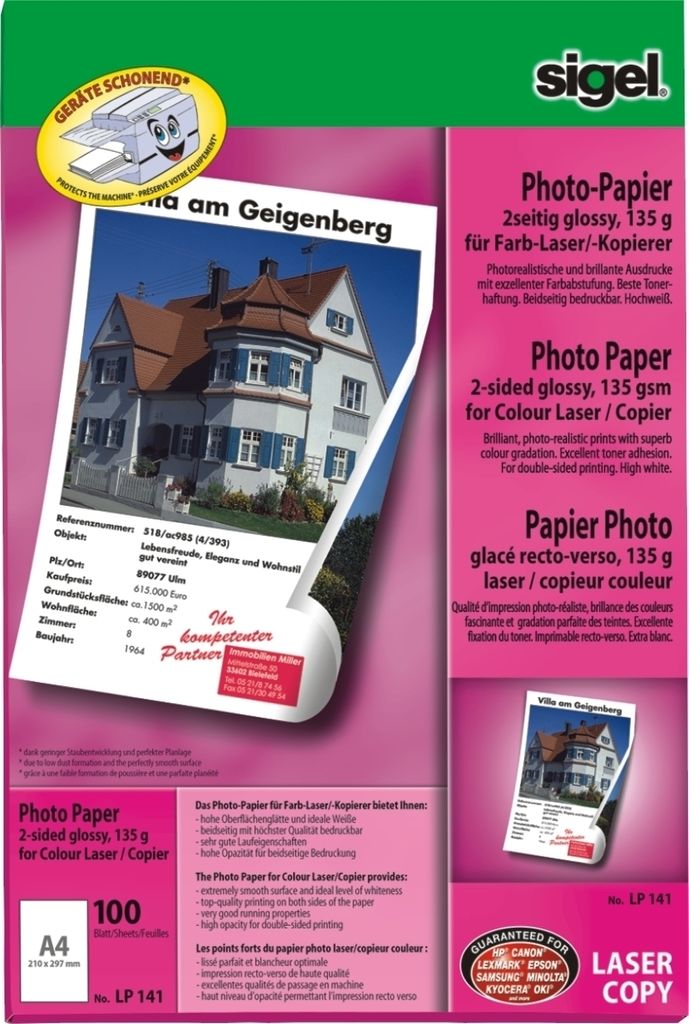 Photo-Papier für Farb-Laser/-Kopierer A4 135g/qm 100 Blatt 2seitig glossy Packung mit 10 Stück
