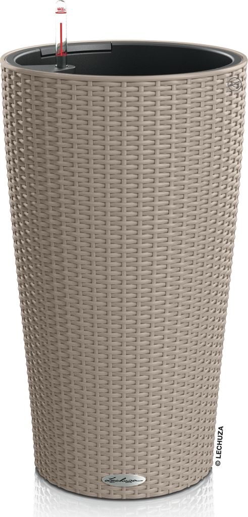 LECHUZA-Pflanzgefäß CILINDRO Cottage 32 Sandbraun | Pflanzsäule mit Bewässerungssystem und Pflanzeinsatz | Flechtoptik | Ø 32 x 56 cm | 15368