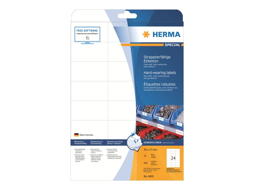 HERMA Special - Permanent selbstklebende, matte Folienetiketten - weiß - 70 x 37 mm - 600 Etikett(en) (25 Bogen x 24) (
