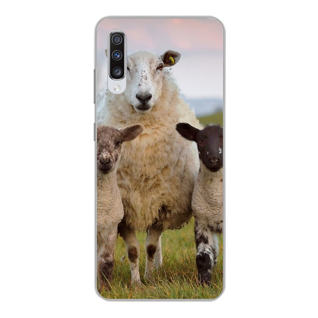 MuchoWow Handyhülle Schutzhülle Hülle für Samsung Galaxy A70 Schafe - Natur - Schwarz - Weiß Silikon Softcase Handy Hülle - Schutzhaube