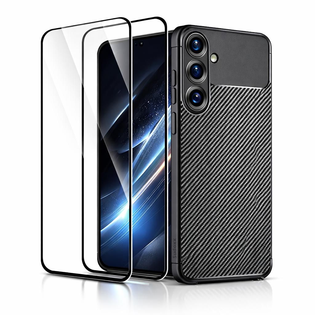 Hülle + 2X Full Schutzglas für Samsung Galaxy S26 5G in Carbon Optik Panzerfolie Glas Für Panzerglas Schutzhülle Cover Case Handytasche