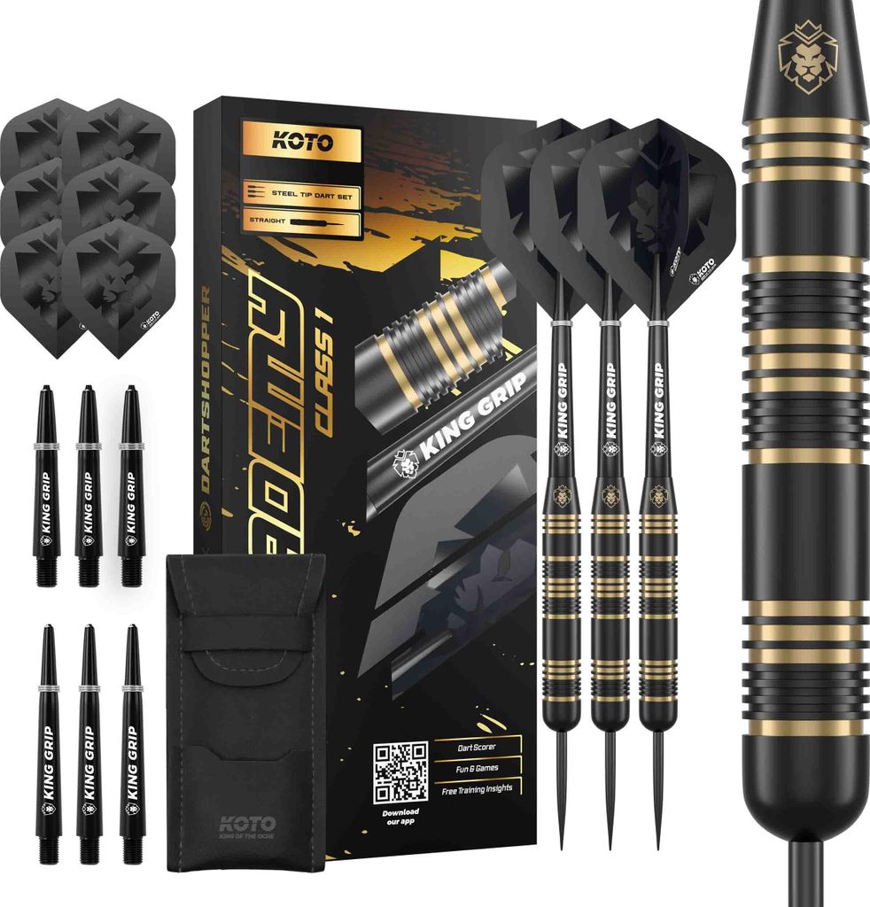 KOTO - Black Academy Brass 90% Dartpfeile, 23 G, Schwarz, Darts Set inkl. 3 Barrels, 2 Sets Flights, Shafts & Dartwallet