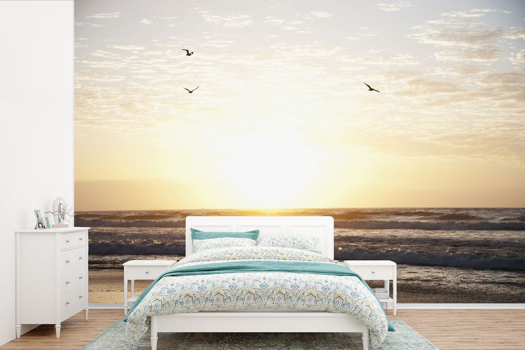 MuchoWow Fototapete für Wohnzimmer oder Schlafzimmer Wandtapete Vinyl Motivtapete Sonne - Vogel - Meer - 330x220 cm - Fototapeten