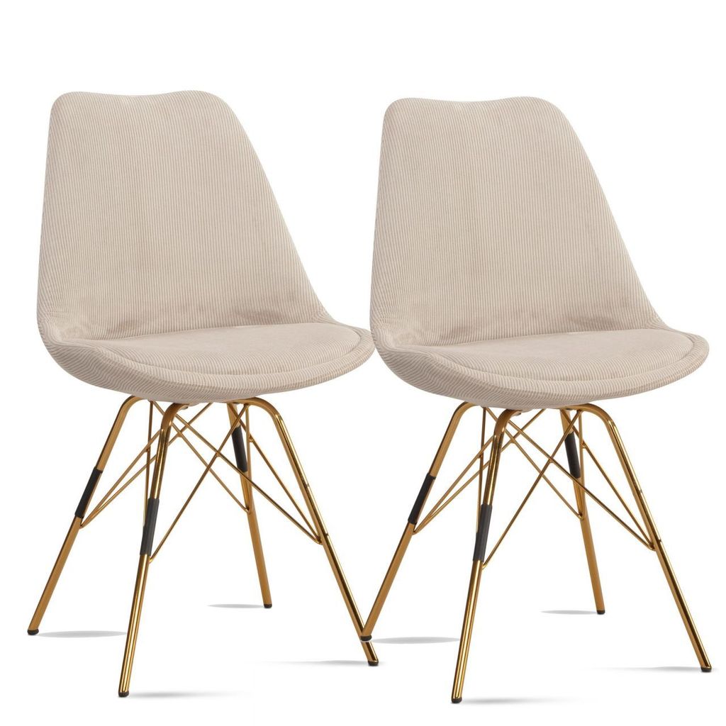 Esszimmerstuhl 2er Set Cara-Stoff Beige Küchenstuhl mit goldenen Beinen, Cord-Schalenstuhl Skandinavisches Design, Polsterstuhl mit Stoffbezug, St...
