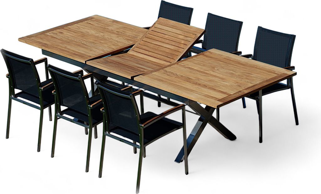 ALEOS. Gartengarnitur Edelstahl Teak Set: Ausziehtisch 200-260x100 cm + 6 Sessel stapelbar Edelstahl Teak Gewebe schwarz Sitzgruppe A-Grade Teak Ho...