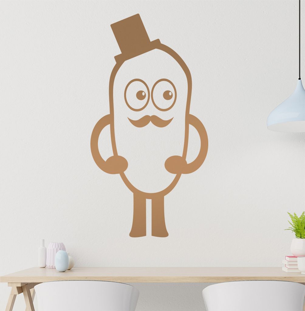 Bohne mit Hut und Schnurbart Wandtattoo in 6 Größen - Wandaufkleber Wall Sticker - Dekoration, Küche, Wohnzimmer, Schlafzimmer, Badezimmer