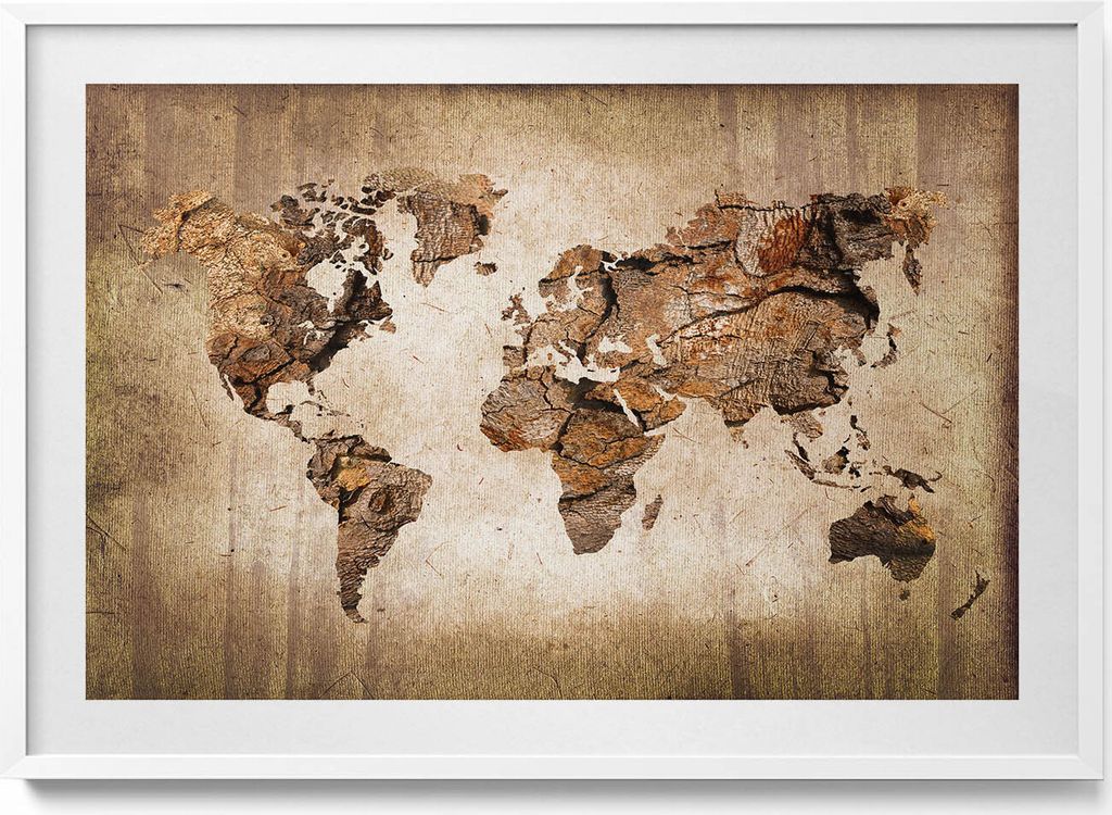 Hölzerne Weltkarte– Wandbild mit Rahmen – Gerahmtes Bild – Wanddekoration – 100x70 cm – Weiß Rahmen