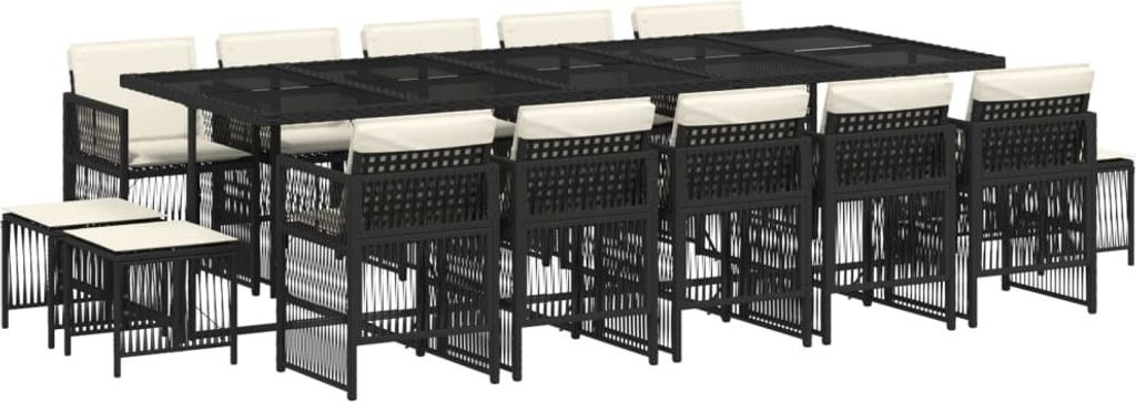 15-tlg. Garten-Essgruppe mit Kissen Schwarz Poly Rattan