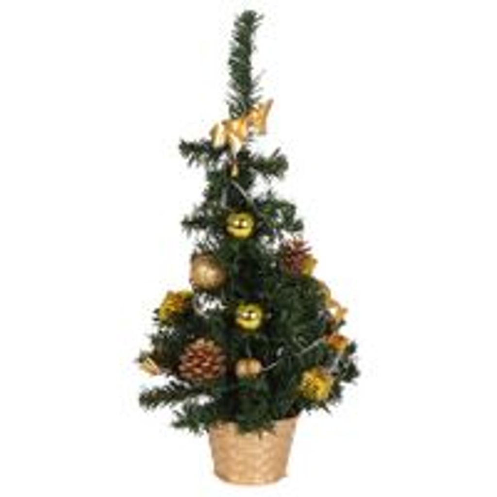 A decorated Christmas tree in a pot.