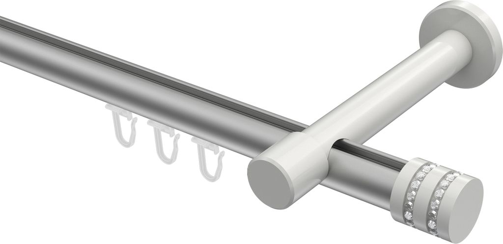 Interdeco Innenlaufstange / Gardinenstange mit Innenlauf Silbergrau / Weiß, Typ Prestige Estana (Glitzerkappe), 20 mm Ø 1-läufig, 140 cm