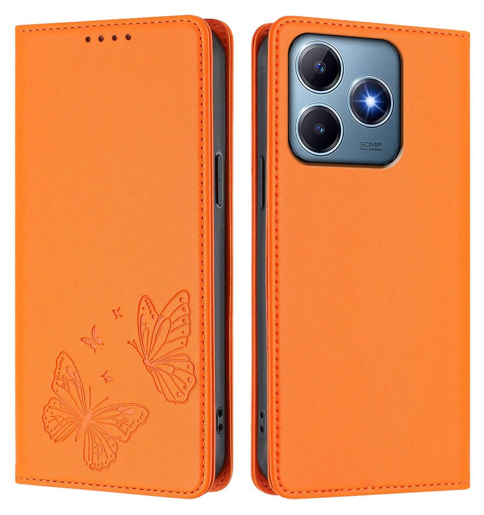 Lederhülle für Realme C63 4G, Schmetterling Prägung Leder Brieftasche Schutzhülle mit Ständer Orange