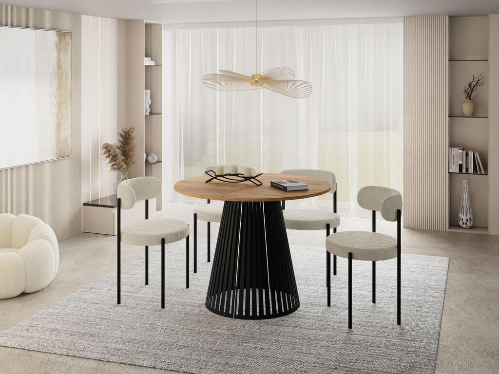 Esstisch Rund Ausziehbar mit Lamellen im Loft-Stil – 120 bis 200 cm – Industrieller Tisch mit Schwarzen Metallbeinen, Platzsparend für Wohnzim...