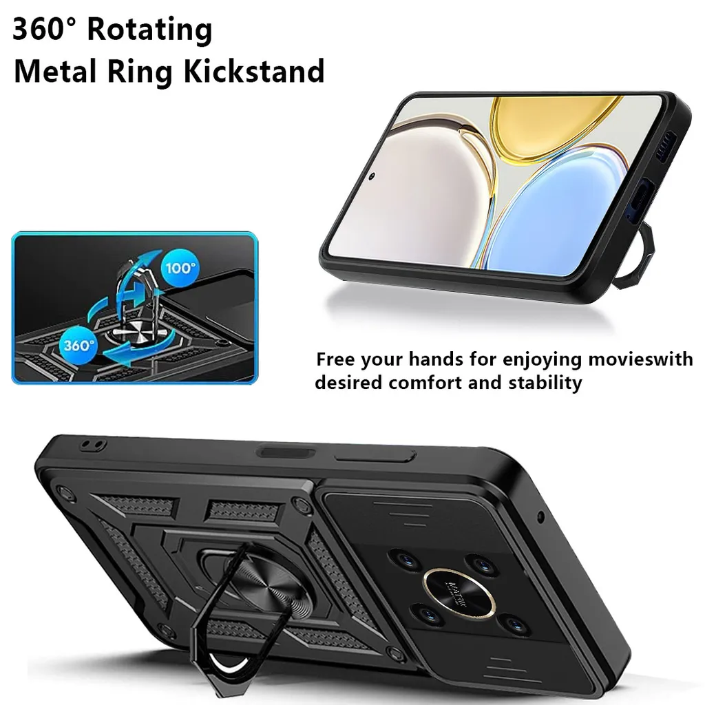 SATURCASE Custodia Hybrid 2 In 1 Per Huawei Honor 9X Lite – Cover Antiurto Con Anello Metallico E Culla (Nero)