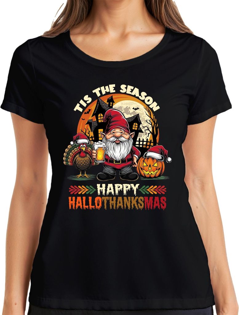 Happy Hallothanksmas Gnome Turkey Jack O Lantern Haunted Pumpkin Damen T-Shirt, Schwarz, XXL