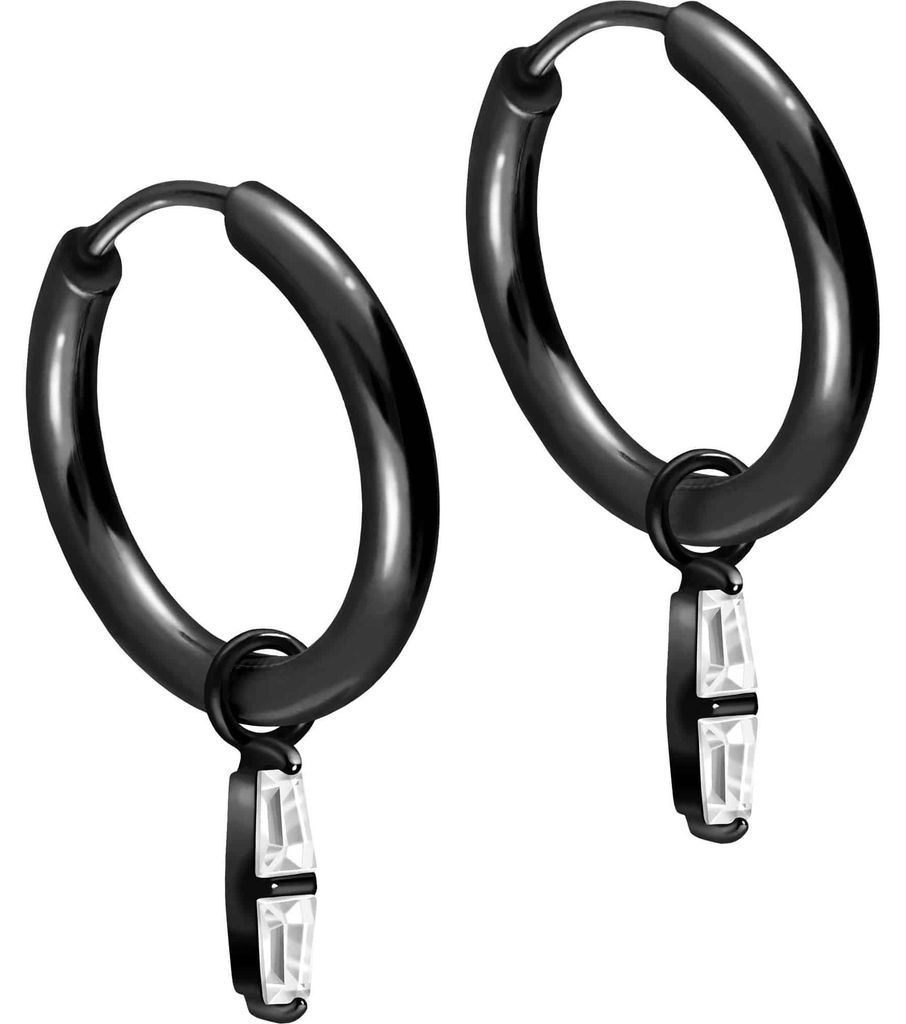 Chirurgenstahl Ohrclicker Creolen 2 EINGEFASSTE KRISTALLRECHTECKE Schwarz Innendurchmesser: 12mm + Designstärke: 2mm