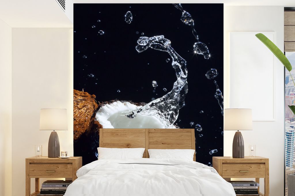 MuchoWow Fototapete für Wohnzimmer oder Schlafzimmer Wandtapete Vinyl Motivtapete Kokosnuss - Stillleben - Wasser - Schwarz - Frucht - 175x240 c...