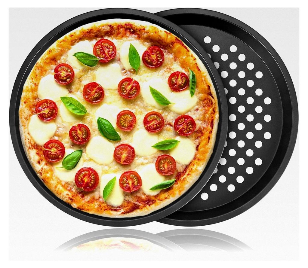 2er Set Pizzablech Rund, Backblech für Pizza und Flammkuchen, Gelochte Pizzapfanne 28cm, Antihaftbeschichtetes Pizza Backblech Kohlenstoffstahl, K...