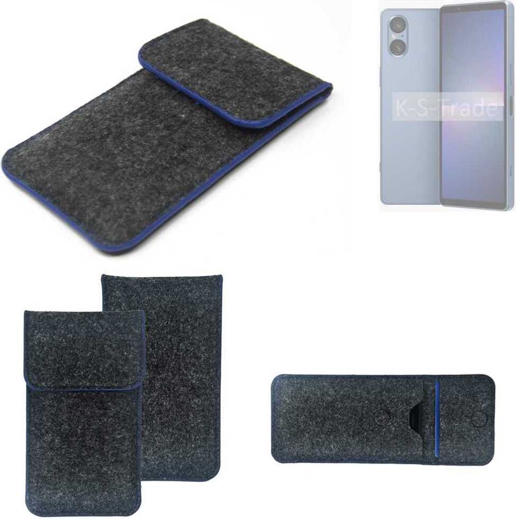 K-S-Trade Handy-Hülle Schutz-Hülle kompatibel mit Sony Xperia 5 V Filztasche Pouch Tasche Case Sleeve Filzhülle dunkelgrau, blauer Rand