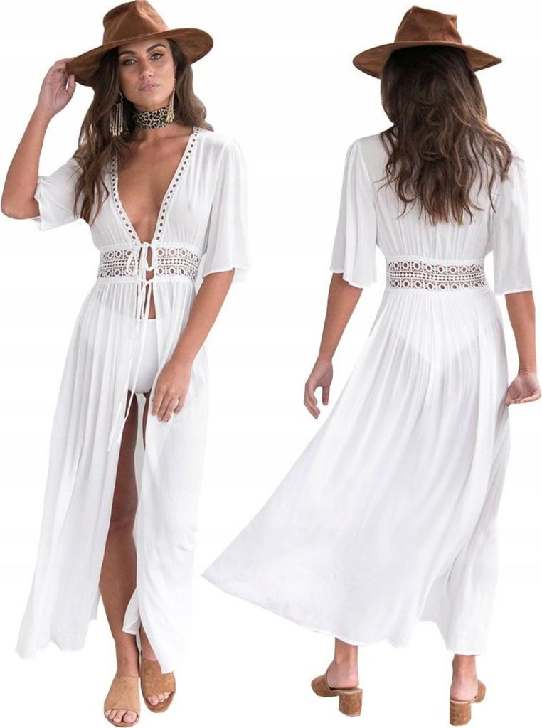 Sommertunika - Langes Strandkleid - Gebundenes Pareo - Für den Strand - Boho - Weiß - Spitze - Größe M