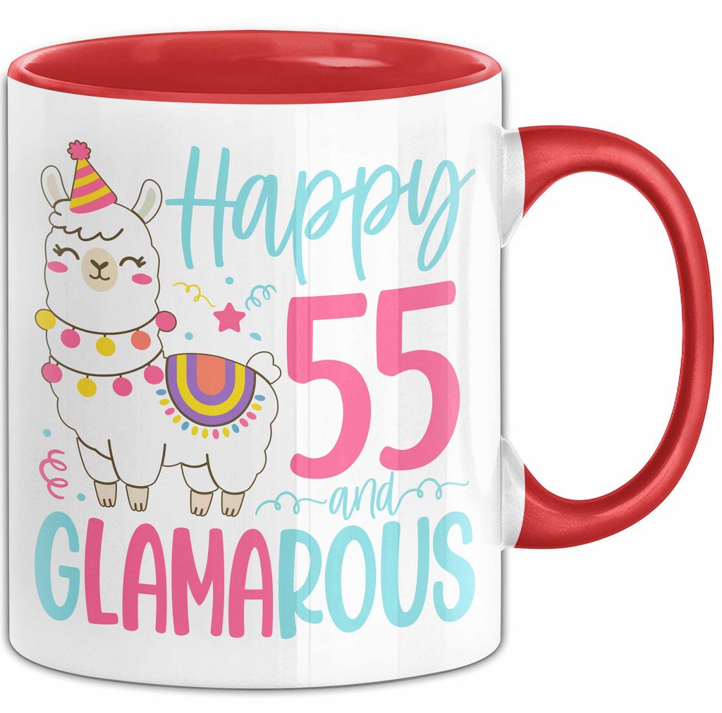 55er Geburtstag Tasse Geschenk Happy 55 And Glamarous Llama Alpaka Liebhaber Geschenkidee zum Geburtstag (Rot)