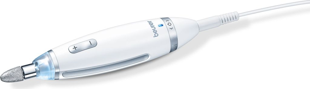 A white electric nail file with a cord.