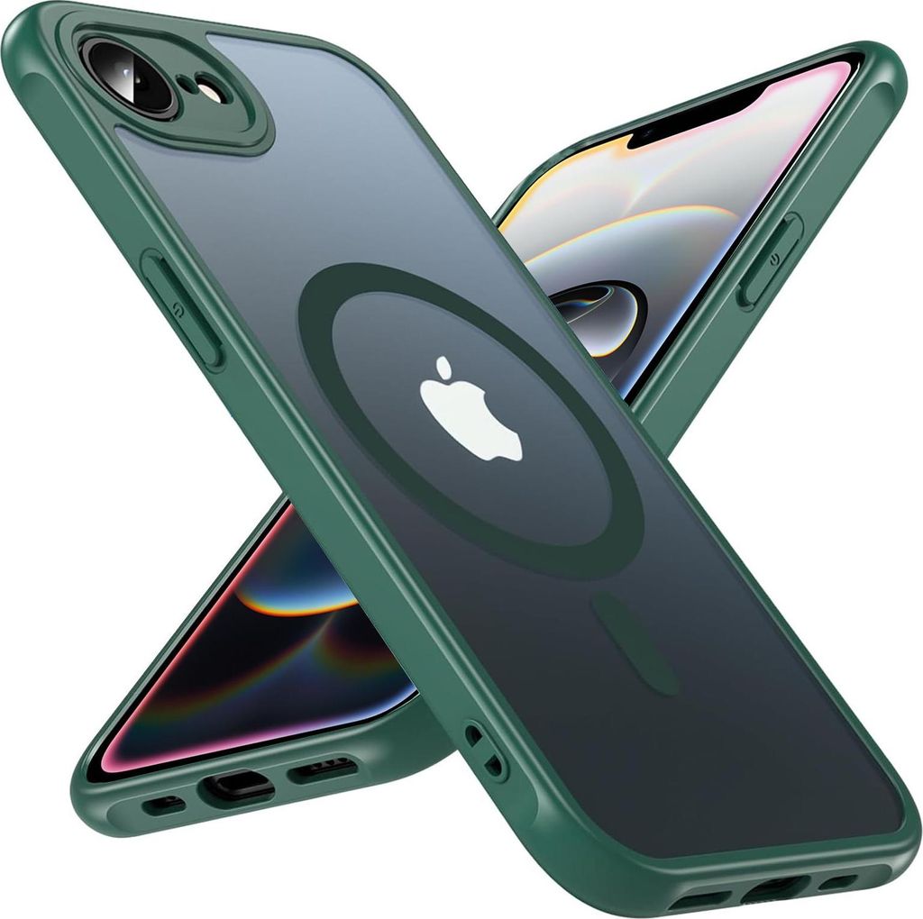 Two green iPhone cases with MagSafe rings are shown diagonally against a white background.