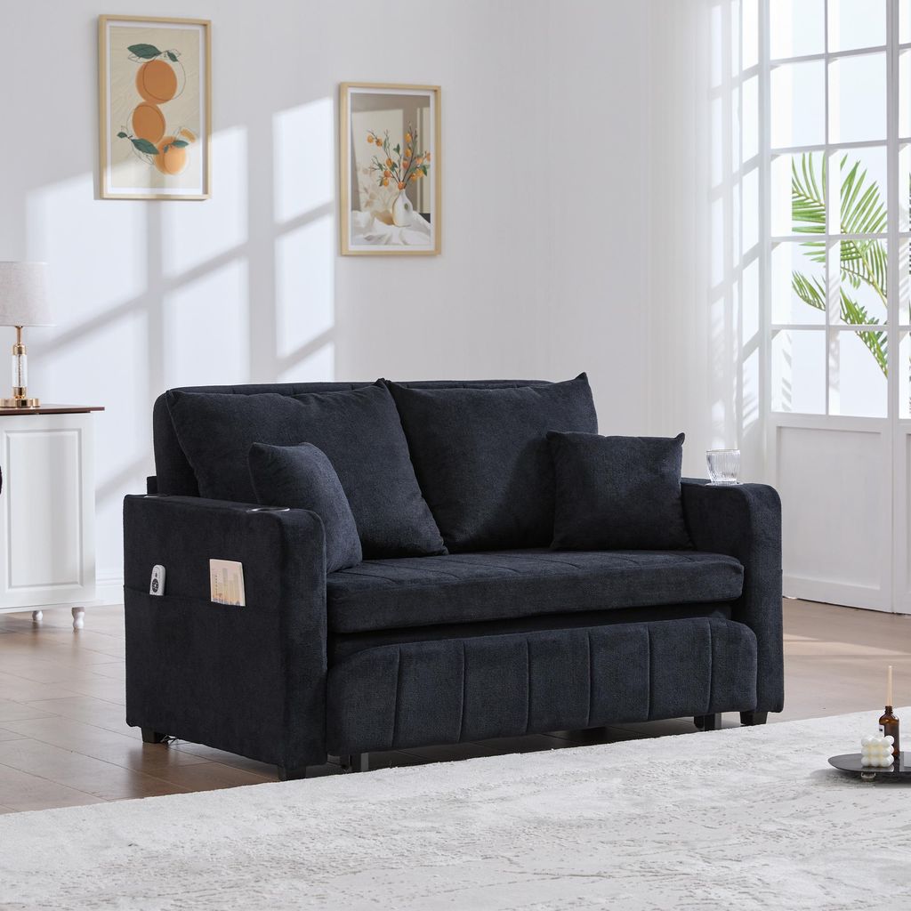 okwish Multifunktionales Schlafsofa mit USB-Ladefunktion und Getränkehaltern Zweisitzer-Sofa Loungesofa mit Armlehnen und Aufbewahrungstasche ausz...