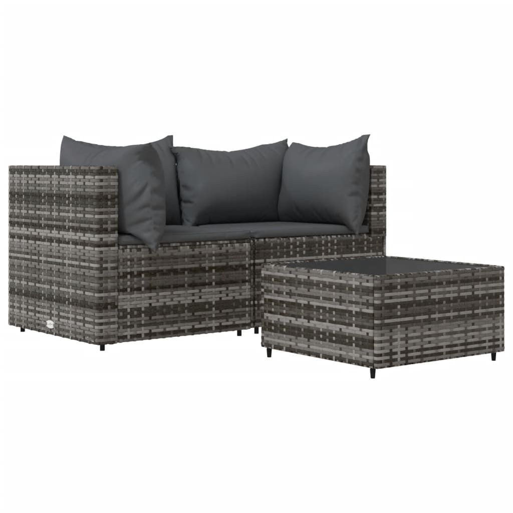 vidaXL 3-tlg. Garten-Lounge-Set mit Kissen Grau Poly Rattan Produktbild 