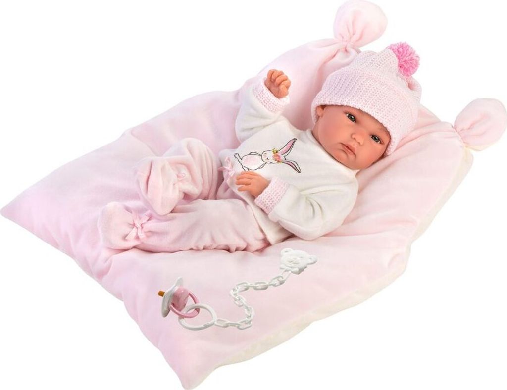 Bambola Llorens Bimba 35 cm - Bobas, su cuscino rosa Immagine del prodotto 
