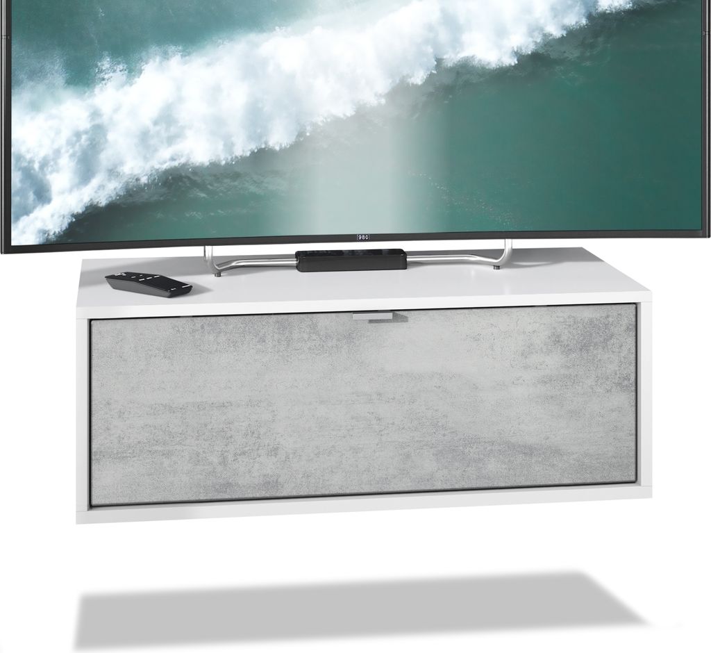 Vladon TV Board Lana 80 Hängeschrank Lowboard 80 x 29 x 37 cm, Germany, Korpus in Weiß matt, Fronten in Beton Oxid Optik | Große Farbauswahl