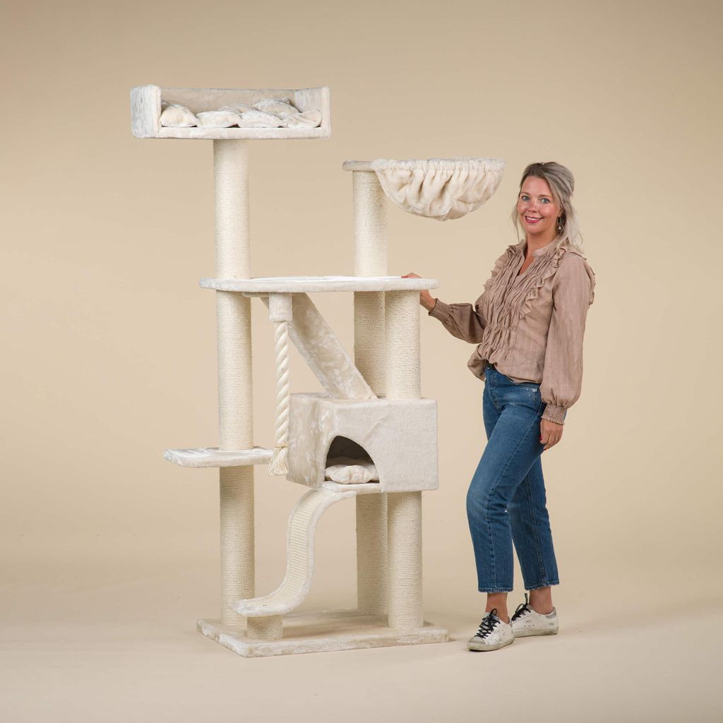 RHRQuality Kratzbaum für große Katzen – Kilimandjaro Deluxe – 195 cm hoch – mit 12 cm Sisalstämmen & m Liegeplatz – hellgrau
