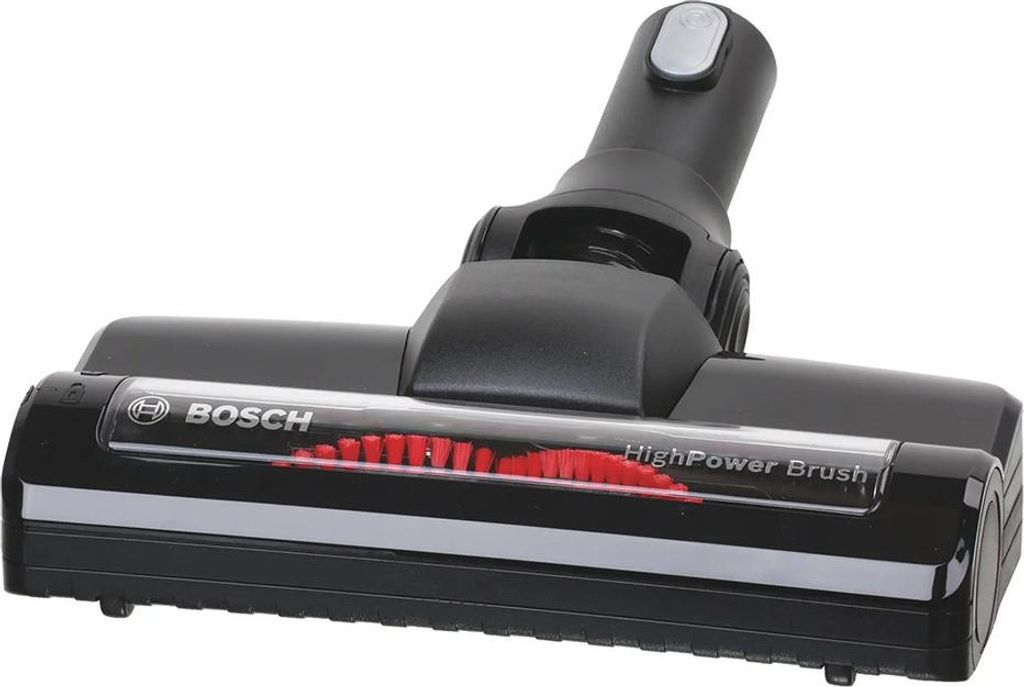 A close-up studio shot of a black Bosch vacuum cleaner attachment with a visible brush roll.