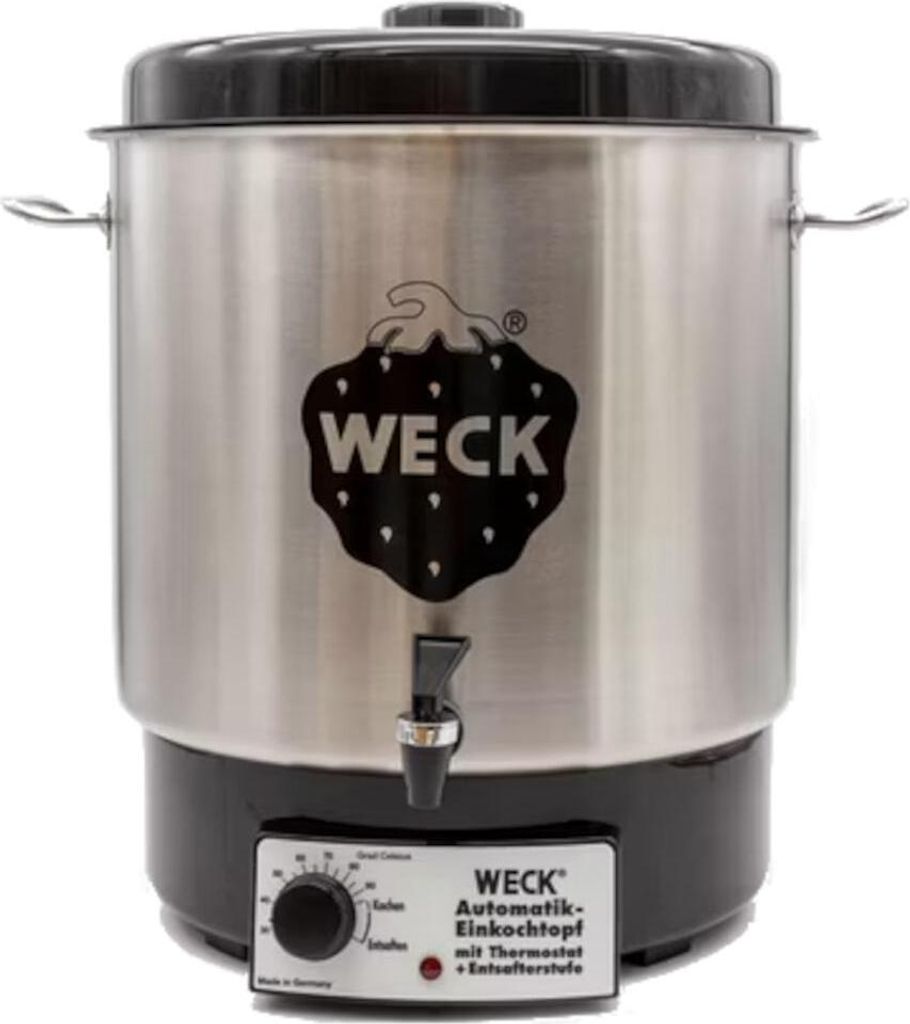 A stainless steel Weck automatic canning pot with a black lid and base, featuring a black strawberry logo and a dispensing tap. A control panel with a dial and indicator light is visible at the base.