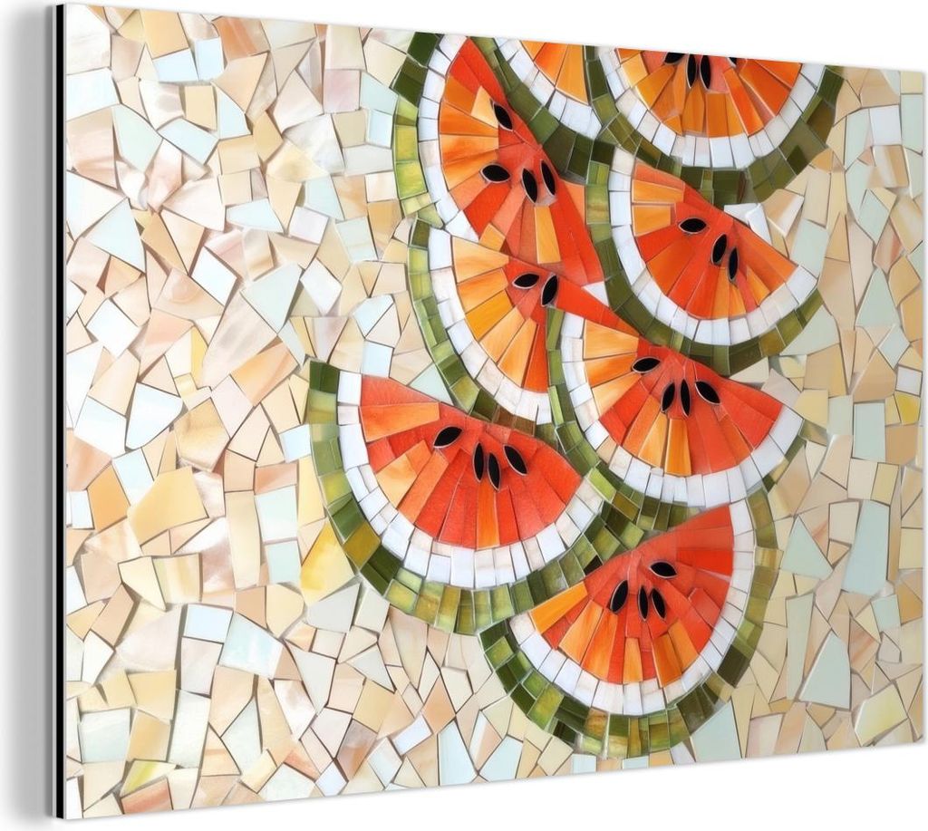 MuchoWow Wanddekoration Metall Metallbild Wandkunst 90x60 cm Mosaik - Wassermelone - Rot - Kerne MuchoWow Aluminium Gemälde - Wandbilder