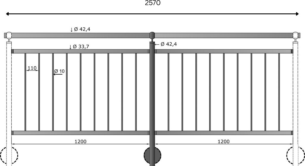 TIBU Geländer Edelstahl Balkongeländer Treppengeländer 0,8-6m senkrechte Streben seitliche Montage, Länge 2570 mm mit Seitenabstand 70 mm