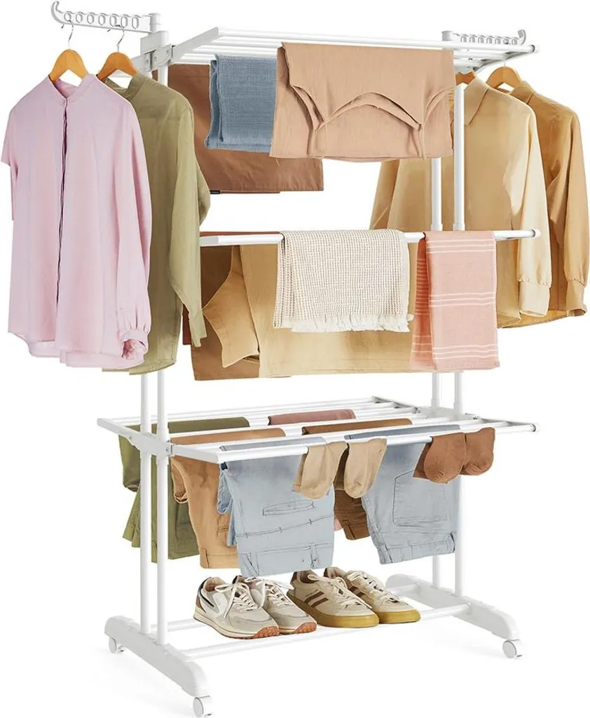 Portant à vêtements sur roulettes blanc 4 niveaux - Étagère vestiaire moderne