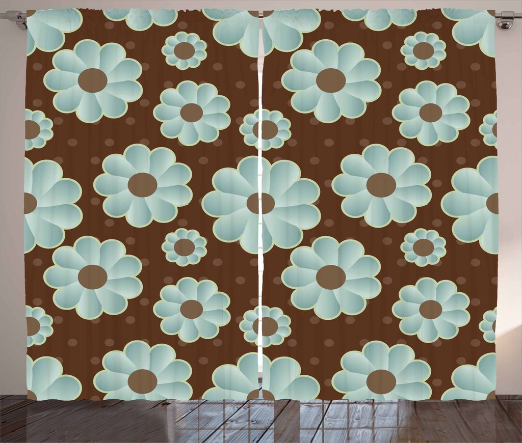ABAKUHAUS Brown und Blau Rustikaler Gardine, Retro Flora, Schlafzimmer Kräuselband Vorhang mit Schlaufen und Haken, 280 x 245 cm, Brown Pale Seafo...