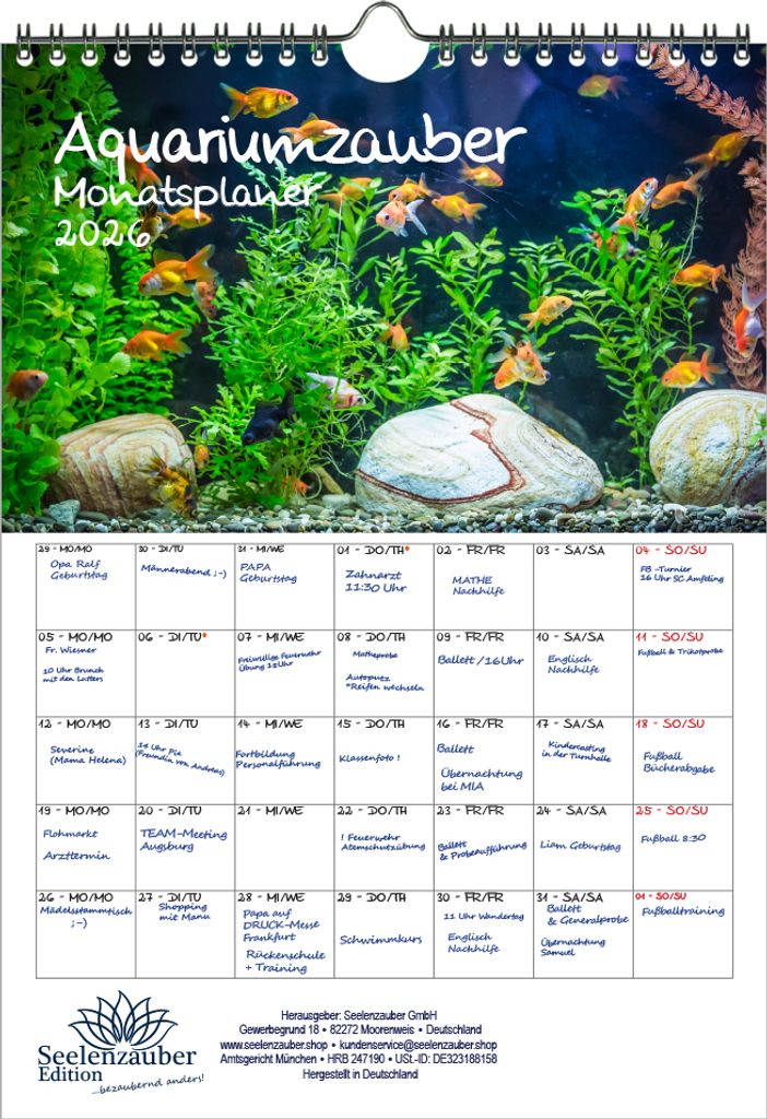 Aquariumzauber Planer DIN A4 Kalender für 2026 Tiere im Aquarium und Unterwasser - Seelenzauber